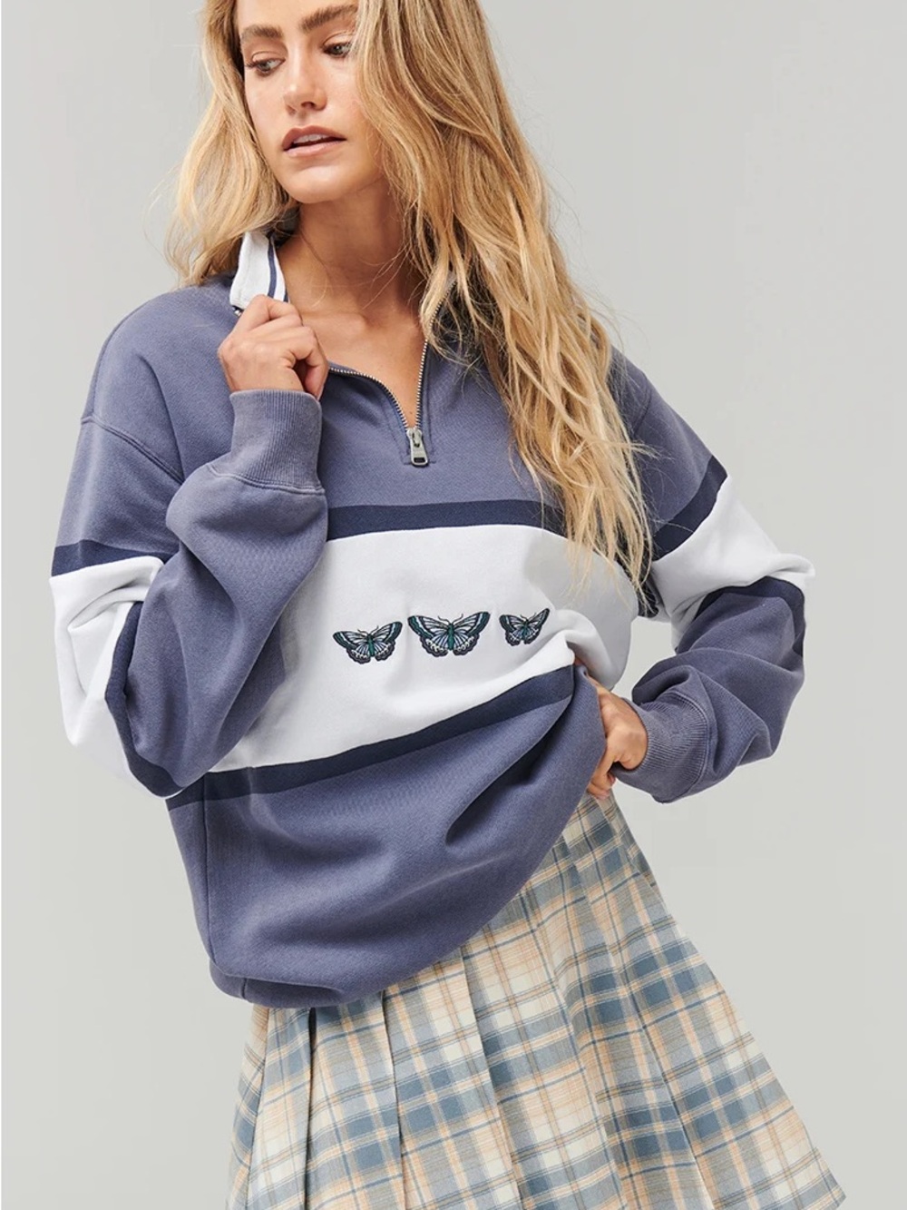 Ghanda Slate Blue White Butterfly Half-Zip Pullover
